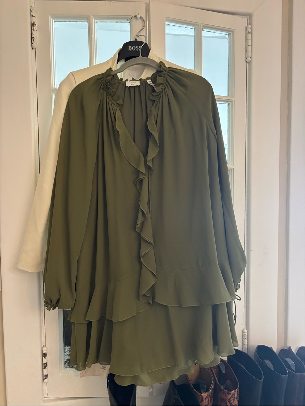 ARITZIA olive ruffle-front layered mini tunic dress